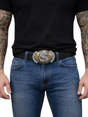 Vintage Buckle Belt money talk sign $ Crystal Gold silver bling bling Incrusted